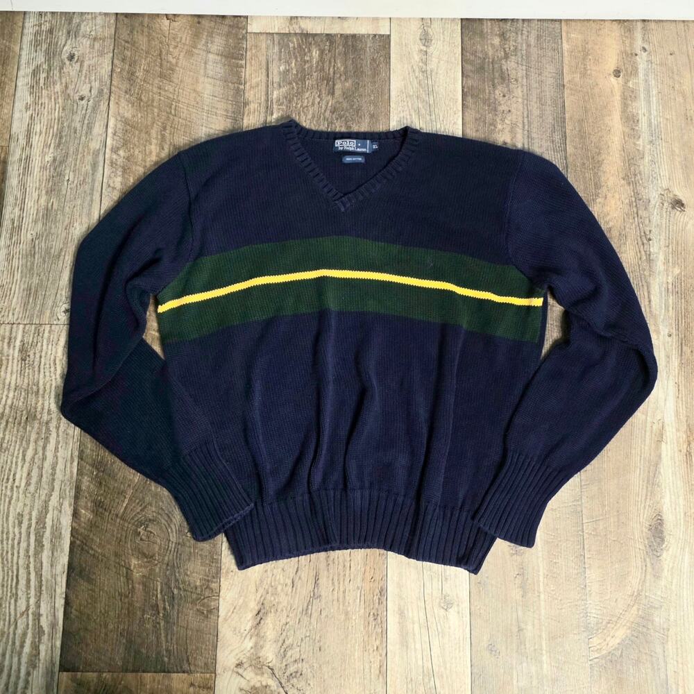 Polo Ralph Lauren Vintage Rugby Stripe V-Neck Sweater Navy Green Cotton XL